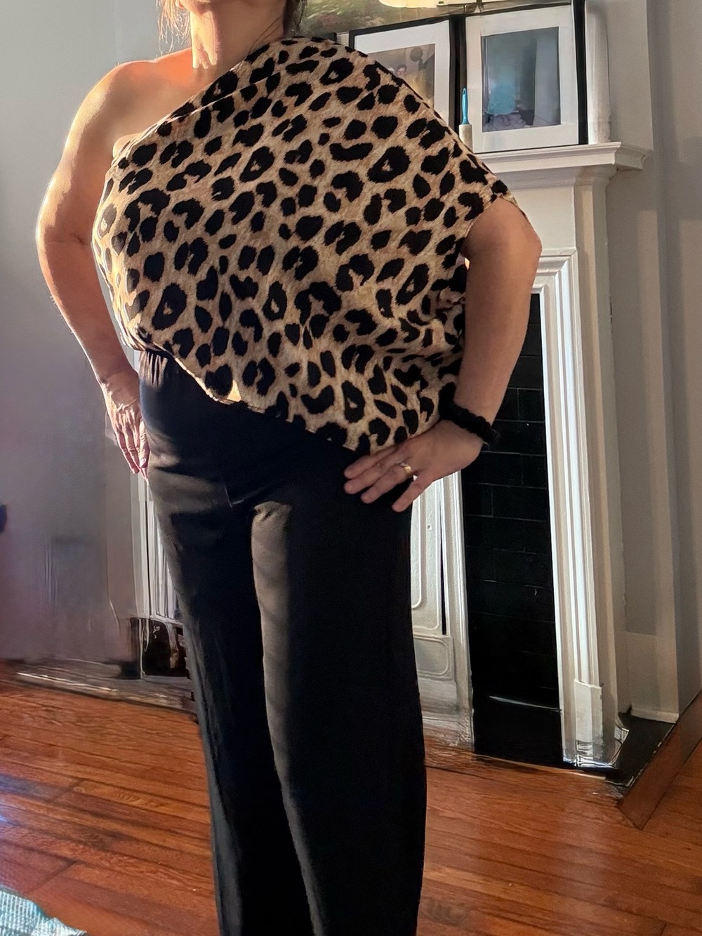 Main Strip Black Wide-Leg jumpsuit  Leopard Print  one shoulder Top, size M, NWT